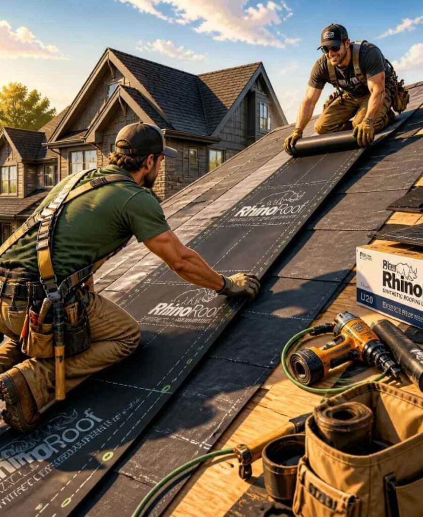Two-person crew setting underlayment on a steep residential roof