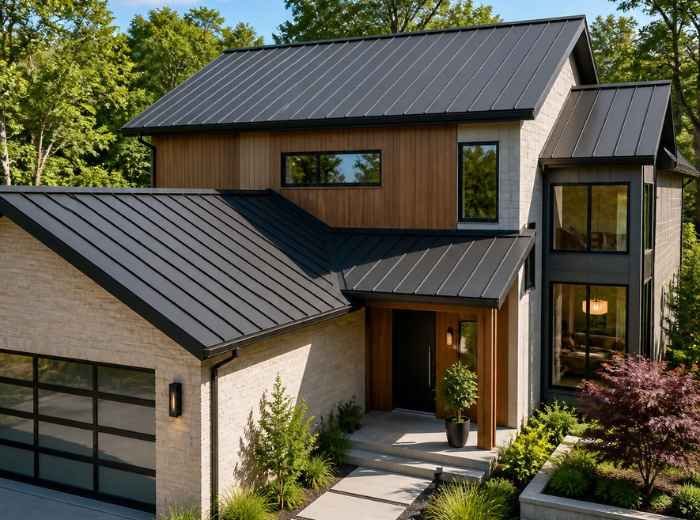 Finished standing-seam metal roof on a modern home