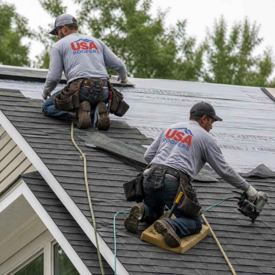 USA Roofers crew on a residential roof during a replacement
