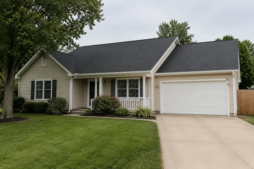 AFTER: same house with a new architectural shingle roof, clean lines