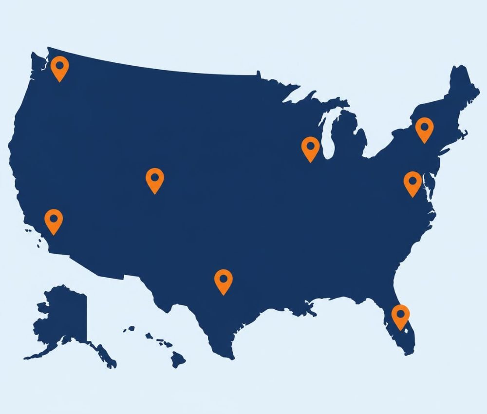 US map graphic showing nationwide roofing coverage with pins on major metro areas