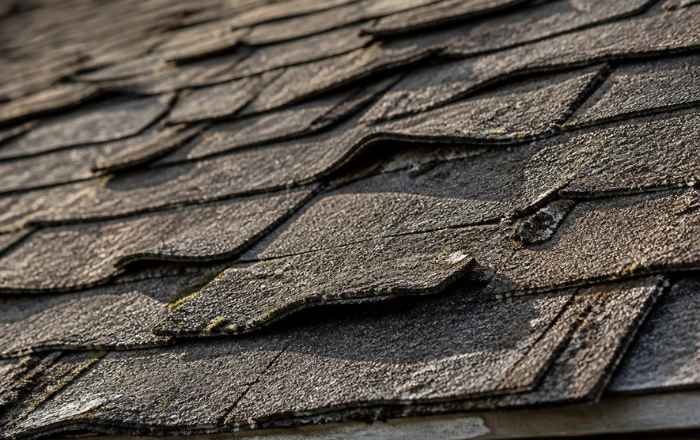 Close-up of curling and granule-loss shingles indicating roof age