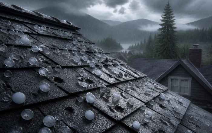 Hail stones resting on a damaged shingle roof surface