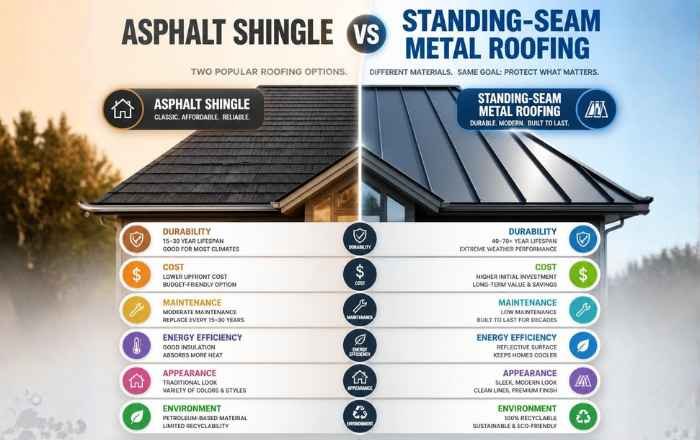 Side-by-side comparison of asphalt shingle and standing-seam metal roofing