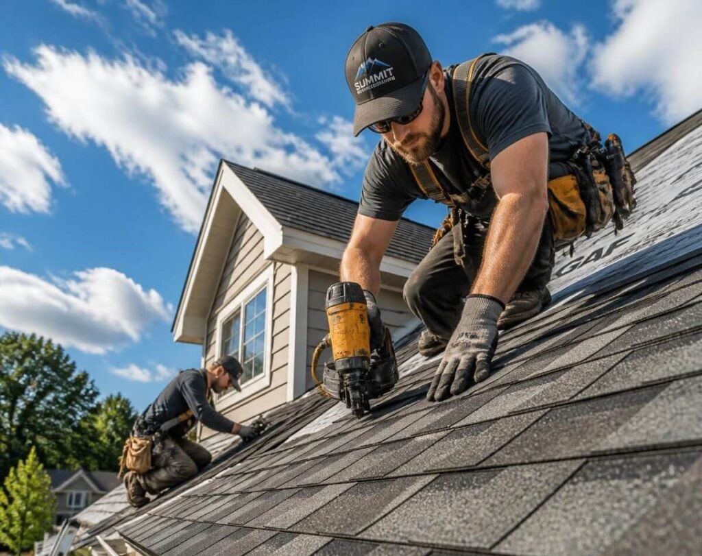 Crew installing architectural shingles on a residential roof, wide daylight shot