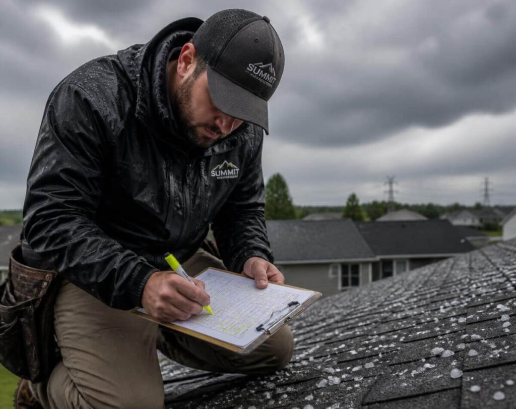 Roofer documenting hail damage on shingles with a chalk marker and clipboard