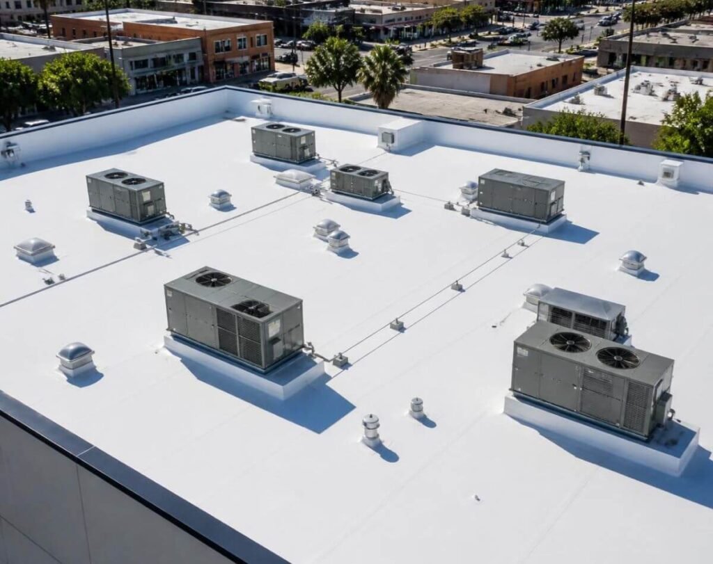 Flat commercial roof with new TPO membrane and rooftop HVAC units, aerial view