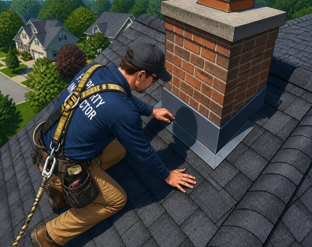 Inspector checking flashing around a chimney, close detail shot with harness visible