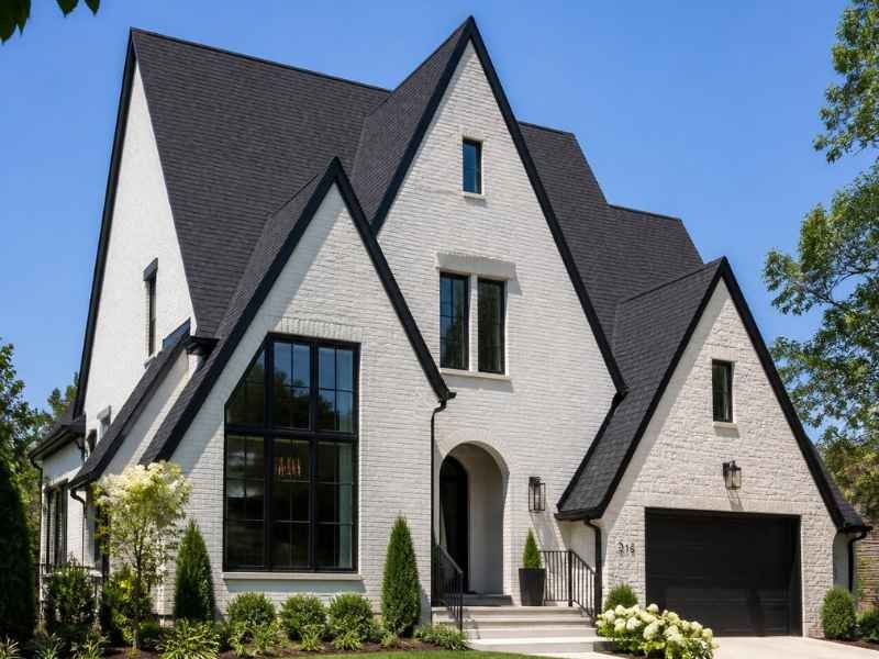 Steep-pitch home with new dark architectural shingles, shot from the front yard