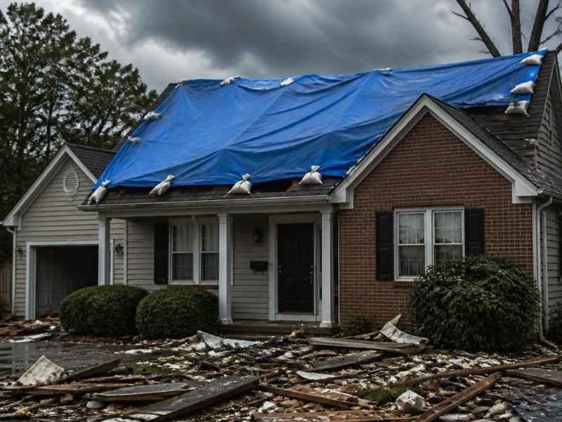 Emergency tarp secured over storm-damaged roof section