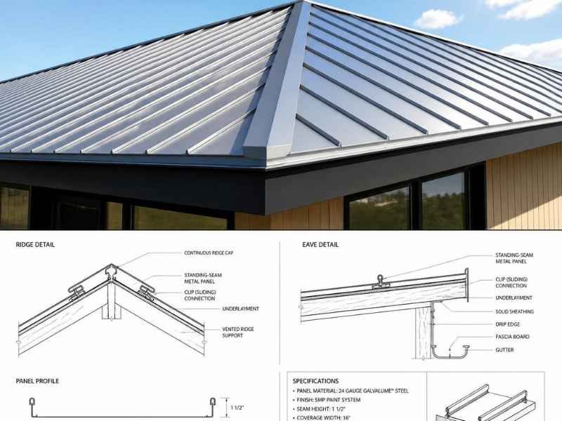 Standing-seam metal roof detail with clean ridge line
