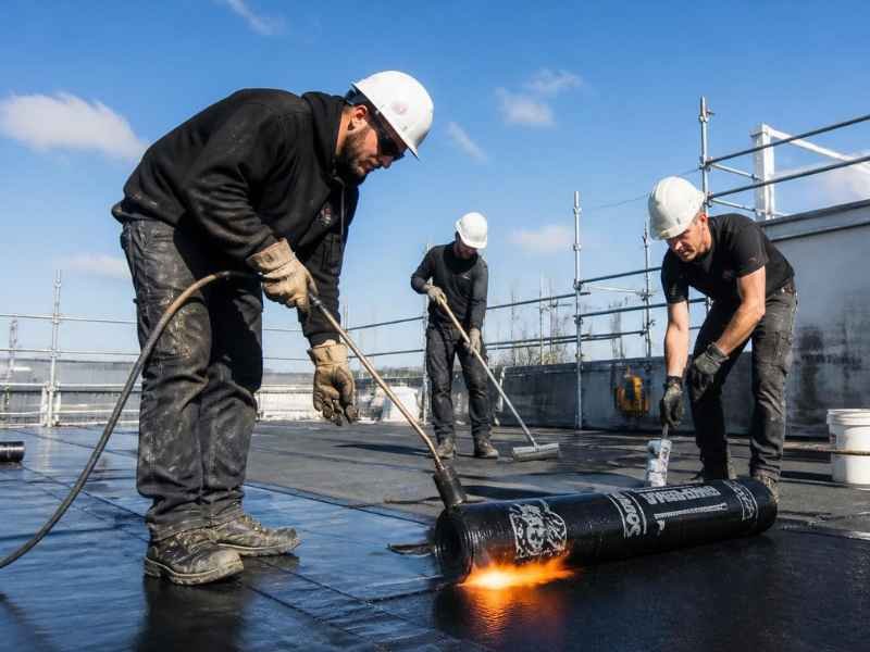 Crew installing modified bitumen on a low-slope industrial roof