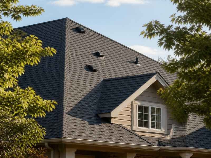 Roof rebuilt after hail damage, new shingles and replaced vents