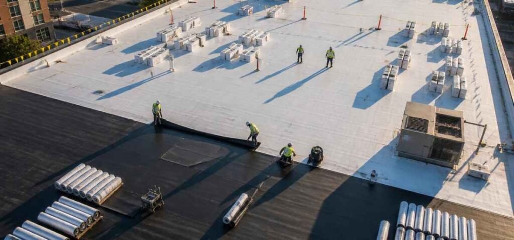 Large flat commercial roof under installation with membrane rolls staged