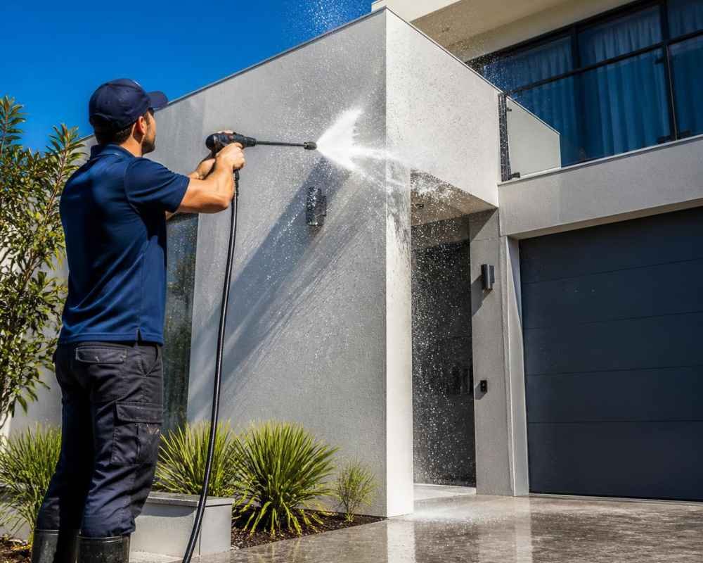 Soft washing the exterior of a Perth home, restoring the render to a clean finish